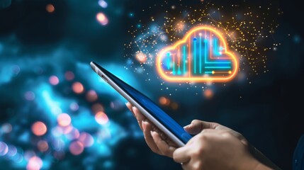 Poster - Cloud computing technology stand out against a dark background as a person holds a tablet holding a cloud symbol. Stock Artificial Intelligence.