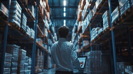 Poster - On his personal computer, a male inspector fills out spreadsheets. He's in a warehouse with rows of pallet racks.