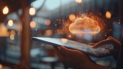 Poster - In a blurred indoor background, a glowing cloud symbol hovers over a tablet held by a person. Stock artificial intelligence.