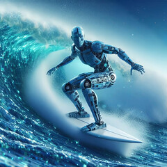 Wall Mural - humanoid with artificial intelligence surfs the waves of computer data