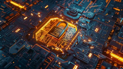 Poster - Golden padlock, shield-shaped, with integrated electronic circuits, fingerprint security, and biometric technology for privacy and confidential data.