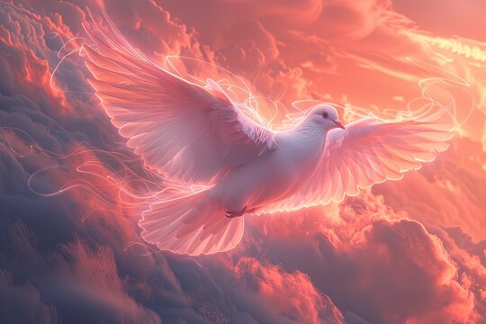 International Day of Peace abstract: A serene dove made of flowing ribbons of light, soaring through a sky filled with abstract, pastel-colored clouds, representing harmony and peace