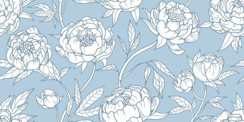 Poster - Peony pattern. Floral blossoms, seamless repeating print. Endless botanical background, retro drawing. Flower branches, summer texture for textile, wallpaper, wrapping design. Vector illustration