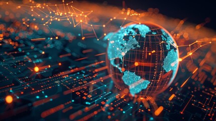 Poster - The digital world globe is centered on America, and it depicts the idea of a global network and connectivity on the planet, data transfer, cyber technology, information exchange, and international