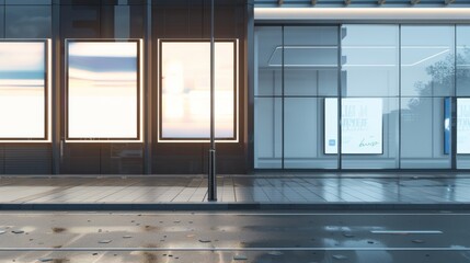 Poster - A row of empty billboards on the facade of a modern building, mockup concept, set on a city street backdrop.