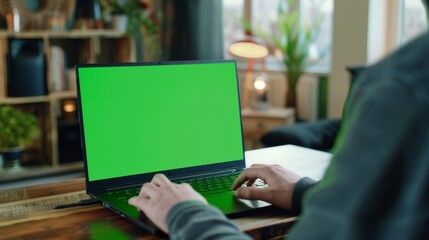Poster - The man in the picture sits at his cozy living room desk while using a laptop with a mock-up green screen.