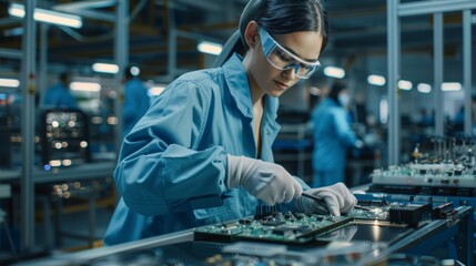 Poster - Worker with a screwdriver assembles laptop motherboard with a blue work coat in a high-tech factory.