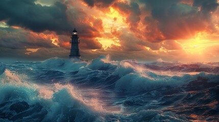 A captivating seascape capturing the beauty and power of the ocean, with crashing waves, dramatic clouds, and a distant lighthouse, invoking a sense of adventure and wanderlust.