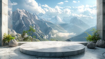 Wall Mural - Stylish podium stage with panoramic mountain views Suitable for adventure and outdoor activities.