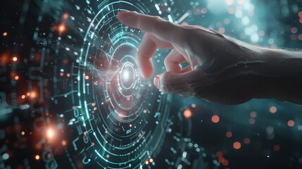 Poster - Using a human finger, a futuristic artificial intelligence is activated. Visualization of Machine Learning, AI, and Computer Technology merging with humanity.