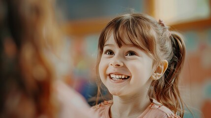 Poster - A cute little girl with brown hair smiles and laughs while looking at her teacher while smiling charmingly.