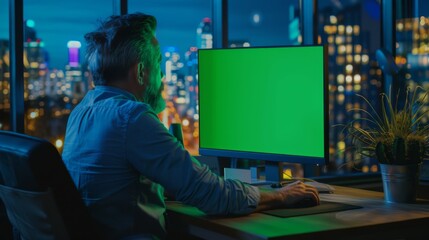 Poster - In the evening, creative employees working on computers in the office with cityscape view are seated at the desk with a desk computer and using a green mock-up screen.