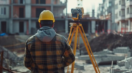 Poster - A construction worker measures angles using a theodolite surveying optical instrument on a construction site. A construction worker in a hard hat makes projections for construction.