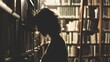 © TPS Studio - Silhouette of a woman leaning against bookshelves in a dimly lit library, creating a moody and contemplative atmosphere.