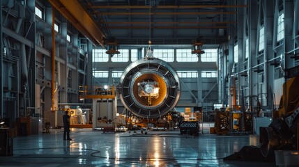 Poster - We are building a satellite in our aerospace technology manufacturing facility. The satellite will be used for space exploration, navigation, communications, Internet communication, and observation.