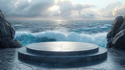 Wall Mural - Sleek podium stage with stormy sea views Ideal for presenting amazing and powerful products.