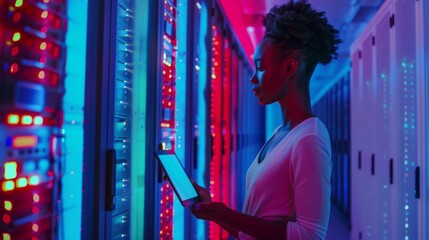 Poster - Using a tablet computer as a data center engineer. Multiethnic female system administrator with data protection network for cyber security in a server farm.