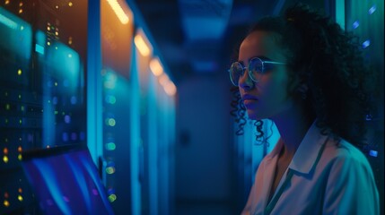 Poster - Data Center Engineer Using Laptop. Multiethnic System Administrator Working With Cyber Security Data Protection Network.