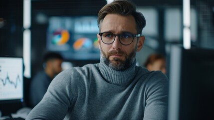 Poster - portrait of confident handsome manager in grey turtleneck using computer, businesspeople and experts