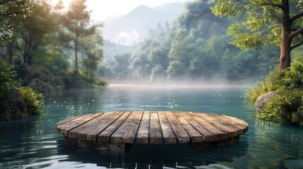 Wall Mural - Rustic wooden podium stage with a serene lakeside view, suitable for natural and organic products.