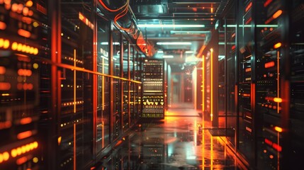 Poster - An augmented VFX visualization on a cloud computing facility in a futuristic data center with turned-on 3D renders of information. An internal system is working properly in a cyber security company.