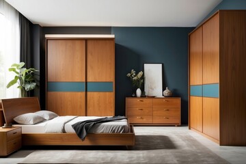Wall Mural - Mid Century Modern Master Bedroom Design With 3 Door Wooden Sliding Wardrobe
