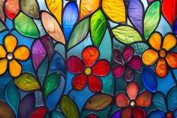 Wall Mural - Stained glass window background with colorful Flower and Leaf abstract 