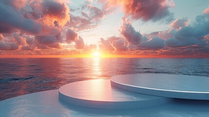Wall Mural - Clean white podium stage with a peaceful sunrise over the ocean, perfect for wellness and relaxation products.