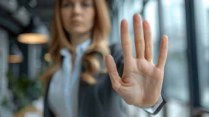 Stop, hand sign and woman with no gesture for sexual harassment and violence in workplace. Business professional