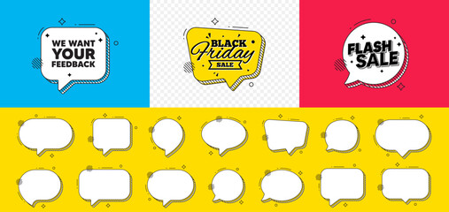 Poster - Flash sale chat speech bubble. We want your feedback tag. Survey or customer opinion sign. Client comment. Your feedback chat message. Black friday speech bubble banner. Offer text balloon. Vector