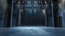 Empty Theater With Sleek Blue Walls, Awaiting The Creative Touch Of Designer. Studio In Under Renovation Or Decoration