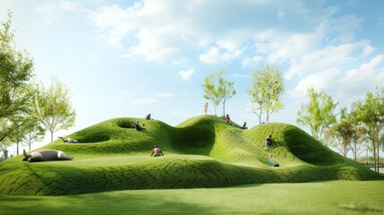 Forest on the top of a hill beneath a bright sky with clouds. green countryside scenery in dappled light