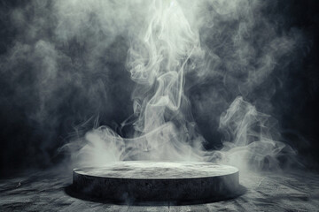 Wall Mural - Storm in the dark Smoke over the floor Concrete platform podium with smoke 