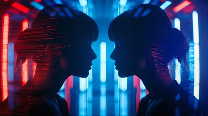 Wall Mural - Neon glow portrait of mirrored young women in silhouette