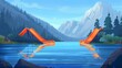 © volga - Tranquil mountain lake landscape with orange loungers