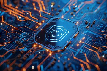 Poster - futuristic blue circuit board with a central shield symbol, depicting advanced cybersecurity technol