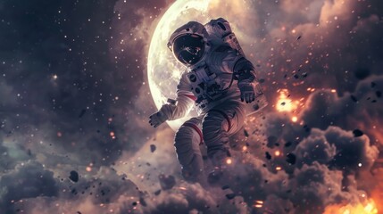 Illustration of Astronaut Floating In Space with Stars, Planets and moon in Background