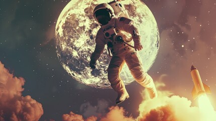Illustration of Astronaut Floating In Space with Stars, Planets and moon in Background