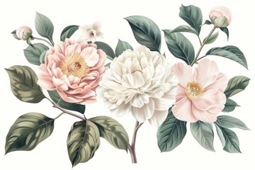 Wall Mural - A set of floral elements with camellias, peonies and magnolia leaves in pastel colors on an isolated background. Vintage style vector illustration.