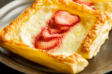 Wall Mural - Delicious Summer Puff Pastry with Lemon Cream Cheese and Strawberries