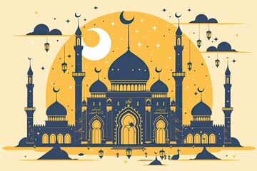 Mosque icon, ramadan mubarak on yellow background, in dark sky blue and light yellow style. Best for graphic design materials.