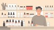 © neatlynatly - Illustration of a young man with a confident smile standing at a cosmetic counter with various products displayed.
