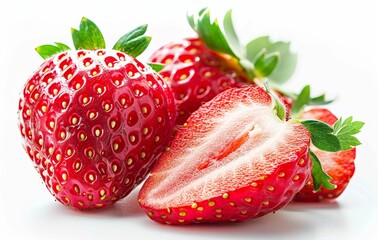 a close up of two strawberries on a white background