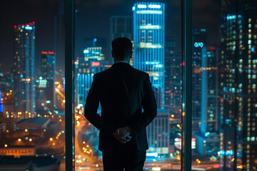 Successful businessman looking out of window at big night city view Business man standing alone looks at modern downtown high-rises 