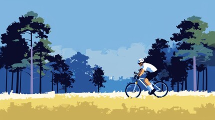 Illustration of a mountain biker riding downhill, surrounded by trees under a clear sky.