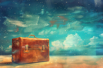 Wall Mural - Suitcase The universal symbol of travel, handdrawn illustration, dreamy background 
