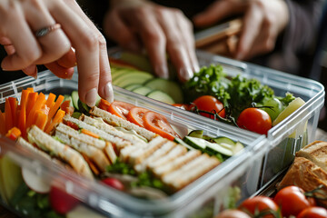 Wall Mural - a person's hands packing a healthy lunchbox with homemade sandwiches, fresh fruits, and vegetables for a nutritious meal on the go