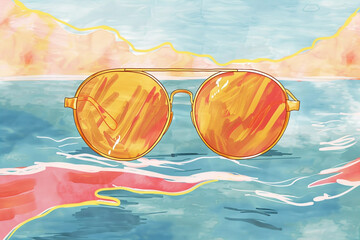 Wall Mural - Sunglasses A travel staple for sunny destinations, handdrawn illustration, dreamy background 