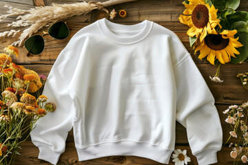 Sticker - blank white Gildan 18000 sweater flat lay mockup in summer vocation. Generative AI