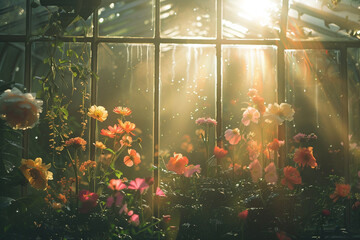 Wall Mural - Sunlight Streaming through a Glass Greenhouse with Lush Flowers 